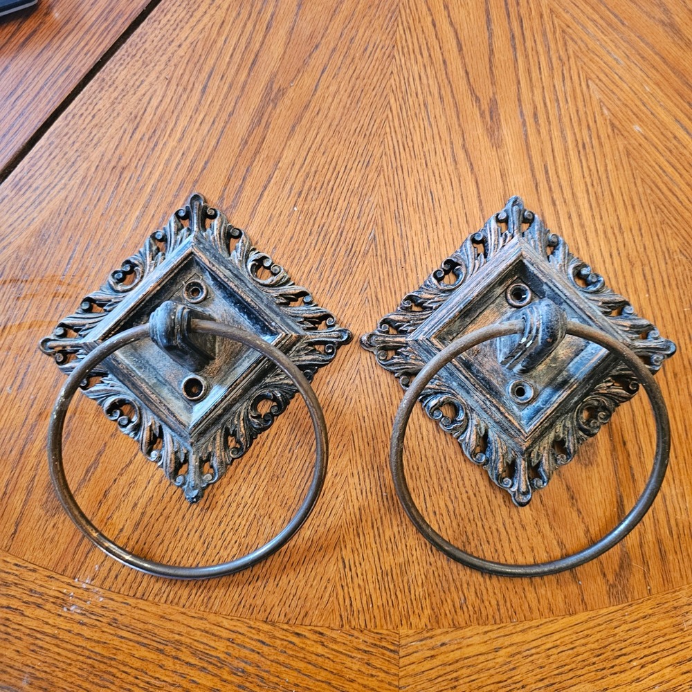 Vintage Dart Ind 1965 MCM Ornate Towel Ring Set of 2 Bronze Gold Black 820
